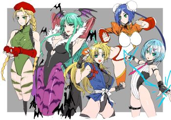 5girls animal_print arcana_heart bat_print black_leotard blue_eyes blue_hair braid cammy_white capcom chinese_clothes darkstalkers dead_or_alive dead_or_alive_6 demon_girl demon_wings female_focus fingerless_gloves gloves green_eyes green_hair green_leotard hair_buns head_wings headband highleg highleg_leotard iwamoto_eiri japanese_clothes konami leotard martial_champion matching_hair/eyes mei-fang morrigan_aensland multiple_girls nico_(doa) pantyhose purple_pantyhose racheal street_fighter street_fighter_ii trait_connection wings