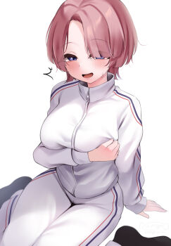 1girl aamesawaa arimura_mao arm_support arm_under_breasts asymmetrical_bangs blue_eyes breasts commentary_request gakuen_idolmaster highres idolmaster jacket large_breasts long_sleeves looking_at_viewer pants pink_hair simple_background sitting solo sweat track_jacket wariza white_background white_jacket white_pants workout_clothes