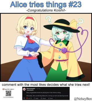2girls ? ?? alice_margatroid ascot black_hat blonde_hair blue_dress blue_eyes blush bnelsey breasts buttons capelet closed_mouth collared_shirt commentary diamond_button dress english_commentary english_text eyeball frilled_shirt_collar frilled_sleeves frills green_eyes green_hair green_skirt hairband handshake hat hat_ribbon heart heart_of_string ko-fi_logo komeiji_koishi long_sleeves looking_at_viewer multiple_girls qr_code red_ascot red_hairband request_inset ribbon screenshot_inset shirt skirt smile third_eye touhou twitter_username watermark web_address white_capelet wide_sleeves yellow_ribbon yellow_shirt