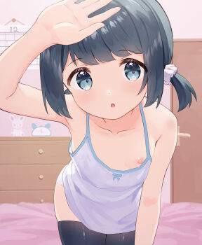 1girl all_fours arm_up armpits bed bedroom bent_over black_hair black_thighhighs blue_bow blue_eyes bow breasts calendar camisole clock commentary_request door downblouse drawer female_focus hand_on_own_head hand_up highres indoors loli looking_at_viewer low_twintails makigai makino_yuna nipple_slip nipples open_mouth original paid_reward_available panties scrunchie short_hair short_twintails small_breasts solo stuffed_animal stuffed_rabbit stuffed_toy thighhighs thighs twintails underwear underwear_only white_camisole white_panties