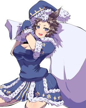 1girl :d animal_ears blue_dress blue_gloves blue_hat breasts brown_hair cleavage commentary_request dress forehead fur-trimmed_dress fur-trimmed_gloves fur-trimmed_headwear fur_trim gloves hands_up hat highres holding holding_sack horse_ears large_breasts looking_at_viewer mejiro_ryan_(choose_choose_and_put_your_thoughts_into_it)_(umamusume) mejiro_ryan_(umamusume) multicolored_hair open_mouth purple_eyes sack short_eyebrows simple_background smile solo takobutter tilted_headwear two-tone_hair umamusume white_background white_hair