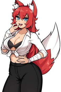 1girl animal_ear_fluff animal_ears black_bra black_pants blue_eyes bra breasts cleavage commentary commission cowboy_shot double-parted_bangs english_commentary fox_ears fox_girl fox_tail hair_between_eyes hand_to_own_mouth hand_up highres large_breasts long_hair looking_at_viewer midriff oninuer open_mouth original pants red_hair shirt simple_background smile solo tail tied_shirt underwear white_background white_shirt