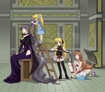 Rule 34 | 00s, 4girls, absurdly long hair, alicia testarossa, animal ears, arf, black legwear, blonde hair, breasts, brushing hair, cape, cleavage, closed eyes, clothing cutout, comb, dress, earrings, fate testarossa, fate testarossa (movie 1st form), foam, hair ornament, hair ribbon, hairclip, highres, hip vent, jewelry, ladder, lipstick, long dress, long hair, lyrical nanoha, mahou shoujo lyrical nanoha, makeup, mature female, midriff, mother and daughter, multiple girls, precia-t, presea testarossa, purple hair, purple lips, red eyes, red hair, ribbon, sandals, shampoo, siblings, sisters, sitting, skirt, tail, thighhighs, twintails, very long hair, wolf ears, wolf tail