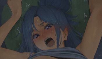 1girl aqua_(konosuba) arms_up blue_eyes blue_hair blush clothes_lift commentary_request cropped hair_bun highres izawa_(bhive003) kono_subarashii_sekai_ni_shukufuku_wo! looking_at_viewer lying motion_lines on_back open_mouth paid_reward_available portrait saliva solo tearing_up twitching