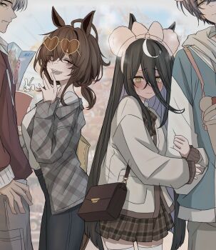 2boys 2girls absurdres agnes_tachyon_(umamusume) arm_hug black_hair black_pants blue_hoodie blush bow brown_bow brown_hair brown_skirt closed_mouth commentary_request drink embarrassed grey_hair grey_jacket grey_pants hairband highres holding holding_drink holding_map hood hoodie horse_girl horse_tail jacket leogust long_hair looking_at_another manhattan_cafe_(umamusume) map minnie_mouse_ears multiple_boys multiple_girls open_clothes open_jacket open_mouth pants plaid_clothes plaid_jacket plaid_skirt pleated_skirt red_eyes red_hoodie shirt short_hair skirt sweatdrop tail teeth textless_version thighhighs trainer_(umamusume) umamusume upper_teeth_only white_hairband white_shirt white_sleeves white_thighhighs wolf_cut yellow_eyes zettai_ryouiki