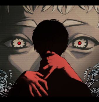 Rule 34 | 2boys, bl0bfishnell, black border, body horror, border, commentary, english commentary, hand on another's neck, hand on another's shoulder, highres, hikaru ga shinda natsu, indou hikaru, letterboxed, male focus, multiple boys, red pupils, short eyebrows, short hair, tsujinaka yoshiki, white hair