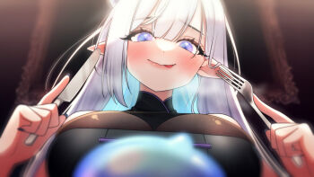 1girl :p blue_hair blush breasts colored_inner_hair eyelashes fork from_below grey_hair halo_sweety halo_sweety_(artist) highres holding holding_fork holding_knife indie_virtual_youtuber knife large_breasts long_hair mole mole_under_eye multicolored_hair pointy_ears purple_eyes solo tongue tongue_out upper_body virtual_youtuber
