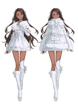 Rule 34 | 1girl, absurdres, alien stage, bad id, bad twitter id, bow, brown hair, dark-skinned female, dark skin, dress, elbow gloves, finger to mouth, fingerless gloves, fur-trimmed jacket, fur trim, gloves, grey eyes, hair ribbon, highres, hyuna (alien stage), jacket, kneehighs, long hair, multiple views, one eye closed, parted lips, prosthesis, prosthetic leg, puffy short sleeves, puffy sleeves, ribbon, sanokata, short sleeves, simple background, socks, two side up, very long hair, white background, white bow, white dress, white gloves, white jacket, white nails, white ribbon, white socks