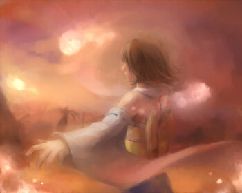 Rule 34 | 00s, 1girl, brown hair, detached sleeves, female focus, final fantasy, final fantasy x, habbitrot, japanese clothes, robe, short hair, solo, yuna, yuna (ff10)