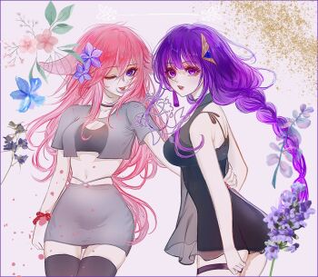2girls alternate_costume animal_ears back bare_arms bare_shoulders black_bra black_dress black_thighhighs blunt_bangs bra bracelet braid breasts cleavage collarbone couple dress floral_background flower_ornament fox_ears fox_girl from_side genshin_impact grey_skirt hair_between_eyes hair_ornament hashtag-only_commentary head_tilt jewelry large_breasts long_braid looking_at_viewer looking_to_the_side miniskirt mole mole_under_eye multiple_girls navel parted_lips pink_hair purple_eyes purple_hair raiden_shogun red_lips shade short_sleeves single_braid skinny skirt stomach thighhighs thighlet underwear yae_miko yuri zbei564