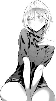 1girl bare_shoulders breasts breasts_squeezed_together covered_erect_nipples earrings eri_(haitekudasai_takamine-san) evergreen_eri eyebrows_hidden_by_hair greyscale hair_ornament hairpin haite_kudasai_takamine-san highres hiiragi_yuuichi jewelry looking_to_the_side medium_breasts monochrome parted_lips piercing shirt short_hair shorts sitting smile solo solo_focus thighs v_arms