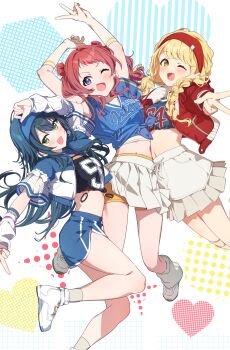 3girls ;d absurdres arms_up blonde_hair blue_hairband blue_shirt blue_shorts blush braid clothes_writing commentary_request elbow_gloves fang fujita_kotone gakuen_idolmaster gloves green_eyes green_hair hairband hanami_saki heart highres idolmaster jacket jumping kirizuki_reika long_hair looking_at_viewer midriff miniskirt multiple_girls one_eye_closed open_mouth pleated_skirt purple_eyes re;iris_(idolmaster) red_hair red_hairband red_jacket shirt shoes short_sleeves shorts side_slit side_slit_shorts skin_fang skirt smile tied_shirt tsukimura_temari twin_braids two_side_up v white_gloves white_shoes yellow_eyes