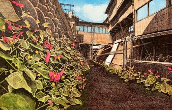 absurdres blue_sky bridge building cloud commentary_request flower highres ibsukionsen no_humans original path plant red_flower road scenery sky traditional_media