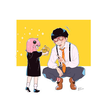 Rule 34 | + +, 1boy, 1girl, :d, absurdres, afro, anya (spy x family), awarinko, black dress, black hair, black shoes, blush, bobby socks, brown shoes, collared shirt, dress, facial hair, franky franklin, glasses, green eyes, grey pants, grin, highres, holding, necktie, open mouth, orange necktie, pants, pink hair, red-framed eyewear, shirt, shoes, short sleeves, signature, smile, socks, sparkle, spy x family, squatting, striped clothes, striped socks, stubble, suspenders, tie clip, twitter username, two-tone background, white background, white socks, whoopee cushion, yellow background