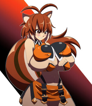 1girl ahoge animal_ears arc_system_works blazblue blazblue:_continuum_shift blush breast_expansion breasts brown_eyes brown_hair commission cowboy_shot crop_top embarrassed female_focus gauntlets grabbing_own_breast highres huge_breasts kojiro-brushard makoto_nanaya microskirt midriff multicolored_hair narrow_waist navel nervous_smile orange_skirt revealing_clothes short_hair simple_background skirt smile solo squirrel_ears squirrel_girl squirrel_tail tail teeth thick_thighs thighs two-tone_hair underboob wide_hips