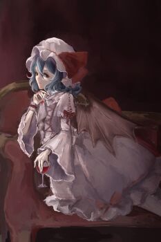 1girl 1hoshimiyabi absurdres alcohol bat_wings commentary cup dress drinking_glass frilled_hat frills hat highres holding holding_cup long_sleeves mob_cap purple_hair red_eyes remilia_scarlet solo symbol-only_commentary touhou white_dress white_hat wide_sleeves wine wine_glass wings
