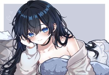 1girl bare_shoulders black_choker black_hair blue_eyes choker collarbone commission dress earrings hand_up head_rest highres indie_virtual_youtuber jacket jewelry long_hair looking_at_viewer off_shoulder seol_(teacuppity)_(vtuber) smile solo upper_body virtual_youtuber white_dress white_jacket yunatie0