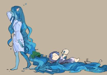 2girls :/ absurdly_long_hair aqua_hair aqua_skin barefoot beige_background blue_hair chamaruk chibi closed_eyes closed_mouth colored_skin commentary_request curly_hair drowsy from_side full_body ghost japanese_clothes kimono kumoi_ichirin light_blue_hair liquid_hair long_hair long_sleeves multiple_girls murasa_minamitsu no_nose open_mouth shiroshouzoku simple_background sketch sleepy touhou triangular_headpiece very_long_hair walking water white_kimono wide_sleeves yawning |_|