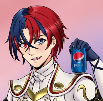 1boy alisa_(vallurite) blue_eyes blue_hair can commentary crossed_bangs drink_can english_commentary fire_emblem fire_emblem_engage hair_between_eyes heterochromia holding holding_can looking_at_viewer male_alear_(fire_emblem) male_focus multicolored_hair nintendo pepsi red_eyes red_hair soda soda_can solo split-color_hair two-tone_hair