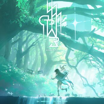1girl album_cover black_hair character_request cover forest game_cg highres holding holding_staff long_hair monolith_(object) nature non-web_source official_art outdoors rabbit shorts sidelocks solo staff stella_sora too_many too_many_rabbits wide_shot yellow_shorts