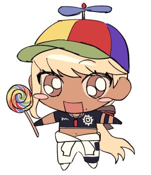 1girl babykatafan blonde_hair brown_eyes candy chibi chibi_only crop_top female_focus food full_body hair_ornament highres holding_candy holding_food holding_lollipop kawana_tsubasa lollipop long_hair looking_at_viewer mole mole_under_mouth navel open_mouth propeller propeller_hair_ornament simple_background solo solo_focus standing the_hundred_line_-last_defense_academy- white_background