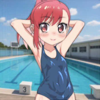 1girl arms_behind_head arms_up blue_one-piece_swimsuit blush breasts chain-link_fence cloud collarbone fence highres long_hair looking_at_viewer multicolored_hair one-piece_swimsuit pink_hair ponytail pool red_eyes red_hair ruri_no_houseki seto_shouko sky small_breasts smile standing swimsuit t_jiroo_(ringofriend) tree two-tone_hair water