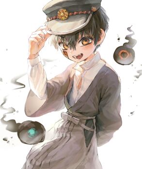 Rule 34 | 1boy, black hair, commentary request, fangs, gakuseibou, hat, highres, hitodama, japanese clothes, jibaku shounen hanako-kun, korean commentary, looking at viewer, male focus, ofuda, open mouth, ra zmb, short hair, simple background, teeth, white background, yellow eyes, yugi tsukasa