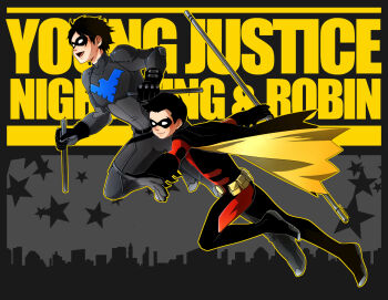 2boys batman_(series) belt black_hair brothers cape character_name copyright_name dc_comics dick_grayson domino_mask escrima_stick eye_mask family ginkun gloves highres image_sample jojody jumping male_focus mask multiple_boys nightwing pixiv_sample resized robin_(dc) siblings silverly smile staff tim_drake utility_belt weapon young_justice:_invasion