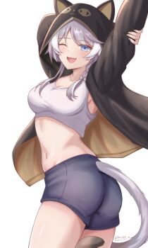 1girl :o ;o absurdres animal_hood ass black_hood blue_eyes blue_shorts breasts cat_girl cat_hood cat_tail cipher_(honkai:_star_rail) commentary english_commentary highres honkai:_star_rail honkai_(series) hood ken-pai_(kenpai_arts) large_breasts looking_at_viewer midriff navel one_eye_closed short_hair_with_long_locks shorts simple_background solo sports_bra tail white_background white_sports_bra