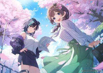 2girls :d aqua_hair bag black_hair black_jacket black_skirt blue_eyes braid brown_hair cherry_blossoms closed_mouth collared_shirt colored_inner_hair commentary_request copyright_notice day eyewear_on_head falling_petals green_skirt hair_ornament hair_over_shoulder hairclip hand_on_own_hip holding holding_bag holding_map hololive hololive_dev_is jacket long_hair long_sleeves looking_at_viewer low_twin_braids map medium_hair miniskirt multicolored_hair multiple_girls o-ring o-ring_thigh_strap off_shoulder official_art open_mouth outdoors petals pinstripe_jacket pinstripe_pattern puffy_long_sleeves puffy_sleeves rindo_chihaya shirt shirt_tucked_in skirt sleeveless sleeveless_shirt smile star_(symbol) star_hair_ornament streaked_hair sunglasses swept_bangs teeth thigh_strap tokino_sora tokisaka_makoto twin_braids upper_teeth_only virtual_youtuber white_hair white_shirt