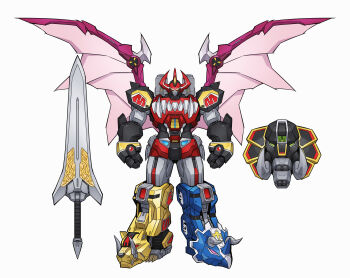 absurdres arms_at_sides chinese_commentary clenched_hands commentary_request daizyuzin dino_megazord highres mecha mighty_morphin_power_rangers no_humans onion_maru power_rangers robot science_fiction shield simple_background sitting standing super_robot sword tokusatsu weapon white_background wings yellow_eyes