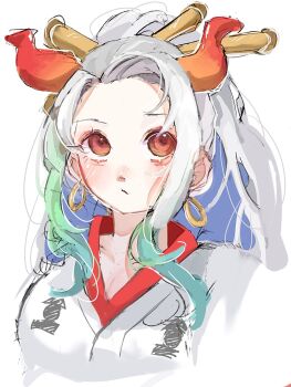 1girl aqua_hair blush commentary_request curled_horns earrings hair_ornament highres horns japanese_clothes jewelry kimono looking_up one_piece orange_eyes sidelocks solo u_mi031 upper_body white_hair white_kimono yamato_(one_piece)