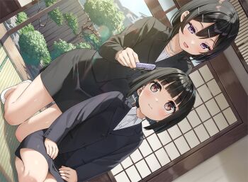 2girls black_hair black_skirt black_suit blunt_bangs blush bonsai brown_eyes brushing_another's_hair brushing_hair closed_mouth collarbone collared_shirt commentary_request dutch_angle eyeliner formal_clothes grey_skirt grey_suit hair_between_eyes hair_brush hair_ornament half-closed_eyes hands_on_own_thighs holding holding_hair_brush hoshizaki_(sasaki_to_p-chan) indoors jacket jewelry kantoku kneeing long_hair long_sleeves looking_down magical_black_(sasaki_to_p-chan) makeup multiple_girls necklace official_art open_mouth pencil_skirt purple_eyeliner purple_eyes sasaki_to_p-chan seiza shirt shouji sidelocks sitting skirt sliding_doors smile socks suit suit_jacket tatami wavy_mouth white_shirt white_socks