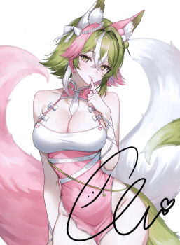 1girl absurdres animal_ears bare_shoulders belt breasts cleavage closed_mouth commission covered_navel cowboy_shot dress ella_7737 finger_to_mouth fox_ears fox_girl fox_tail green_eyes green_hair hand_up hashtag-only_commentary heart heart-shaped_pupils highres large_breasts looking_at_viewer multicolored_hair multiple_tails no_panties original pelvic_curtain pink_dress short_hair sleeveless sleeveless_dress smile solo symbol-shaped_pupils tail two-tone_hair two_tails vgen_commission