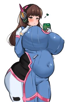 1girl alternate_body_size alternate_breast_size_(larger) blue_bodysuit blush bodysuit breasts brown_eyes brown_hair can commentary covered_erect_nipples covered_navel cowboy_shot d.va_(overwatch) drink drink_can english_commentary gloves headphones heart highres holding holding_can holding_drink huge_breasts long_hair mountain_dew noiretox overwatch parted_lips plump shoulder_pads simple_background skin_tight solo thick_thighs thighs white_background white_gloves