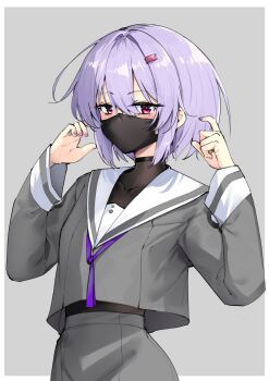 Rule 34 | 1girl, blush, bodystocking, border, commentary request, covered collarbone, grey background, grey shirt, grey skirt, hair ornament, hairclip, hands up, highres, long sleeves, looking at viewer, mask, midriff peek, mouth mask, nail polish, outside border, pink eyes, pink nails, purple hair, sailor collar, school uniform, serafuku, shirt, short hair, simple background, skirt, solo, upper body, voiceroid, white border, white sailor collar, yuzuki yukari, yuzuki yukari (shizuku), zooanime