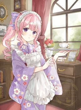 1girl apron blush book bow cat center-flap_bangs clock commentary_request cup curtains dot_nose double-parted_bangs drawer drill_hair drill_ponytail feet_out_of_frame floral_print floral_print_kimono flower frilled_apron frilled_bow frills high_ponytail highres holding holding_plate indie_virtual_youtuber indoors japanese_clothes kimono long_hair long_sleeves looking_at_viewer maid maid_apron maid_headdress parted_lips pendulum_clock picture_frame pink_hair plate ponytail print_kimono purple_bow purple_eyes purple_kimono red_flower red_rose rose saucer shitou_meru sidelocks solo standing sunlight teacup tententuyu vase virtual_youtuber wa_maid watermark white_apron white_flower wide_sleeves window
