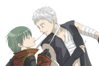 Rule 34 | 2boys, assassin (ragnarok online), bandaged arm, bandages, black coat, black gloves, black shirt, chest sarashi, cigarette, cigarette kiss, coat, commentary request, dated commentary, fingerless gloves, gloves, green eyes, green hair, grey eyes, grey hair, holding matchstick, long sleeves, looking at another, male focus, multiple boys, oomojiya, open clothes, open shirt, priest (ragnarok online), ragnarok online, sarashi, shirt, short hair, simple background, sleeveless, sleeveless shirt, upper body, white background