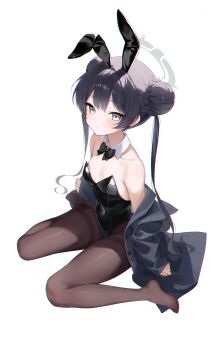 1girl animal_ears bare_shoulders black_bow black_bowtie black_hair black_jacket black_leotard blue_archive blush bow bowtie breasts brown_pantyhose closed_mouth collarbone commentary covered_navel detached_collar double_bun fake_animal_ears grey_eyes grey_halo hair_between_eyes hair_bun halo highres jacket kisaki_(blue_archive) legs leotard long_hair long_sleeves looking_at_viewer off_shoulder on_ground pantyhose playboy_bunny rabbit rabbit_ears sidelocks simple_background sitting sleeves_past_wrists small_breasts solo strapless strapless_leotard thighband_pantyhose thighs twintails wariza white_background yeohye_s2