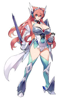 1girl absurdres armor breasts cleavage gauntlets green_eyes hair_between_eyes headgear highres large_breasts leotard long_hair looking_at_viewer maria_cadenzavna_eve negresco pink_hair power_armor senki_zesshou_symphogear smile solo sword undersuit very_long_hair weapon