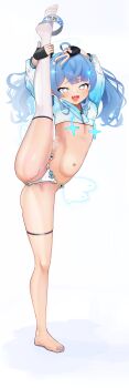 1girl ahoge arms_up awai_chitose barefoot black_gloves blue_eyes blue_hair blue_nails blush bow bow_panties breasts cameltoe censored feet fingerless_gloves flat_chest full_body gloves hair_ornament hood kneepits leg_up legs loli long_hair long_sleeves looking_at_viewer nail_polish navel open_mouth panties simple_background single_thighhigh smile solo split standing standing_on_one_leg standing_split star_(symbol) stomach swimsuit thigh_strap thighhighs toenail_polish toenails toes twintails underwear v virtual_youtuber white_background white_panties white_thighhighs wings