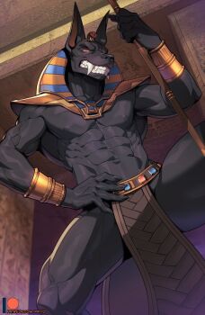 1boy anubis_(mythology) bad_tag black_fur egyptian_god fierce_deity highres jackal non-web_source patto pharaoh solo