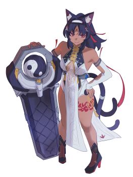 1girl absurdres animal_ear_fluff animal_ears aragiken bare_shoulders black_hair black_shoes breasts cat_ears cat_girl cat_tail commentary cosplay dark-skinned_female dark_skin detached_sleeves dress full_body hairband high_heels highres long_hair long_sleeves looking_at_viewer multiple_tails nekomiya_mana pelvic_curtain red_eyes shoes simple_background sleeveless sleeveless_dress small_breasts smile solo standing tail two_tails white_background white_dress white_hairband ye_shunguang ye_shunguang_(cosplay) yin_yang zenless_zone_zero