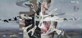 1boy adam&#039;s_apple bird commentary commission creamyghost cross-section disembodied_hand dove english_commentary english_text heart_(organ) henry_townshend highres male_focus negative parted_lips photo_background pliers scissors second-party_source short_hair silent_hill_(series) silent_hill_4:_the_room solo stairs symbolism tweezers upper_body