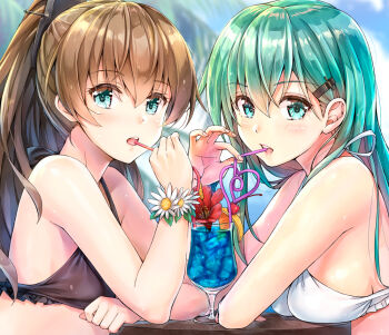 10s 2girls :o alternate_costume aqua_eyes aqua_hair arm_rest bare_arms bare_shoulders beach bikini bikini_top_only black_bikini blush breast_rest breasts breasts_on_table brown_hair cherry clenched_hand cocktail crazy_straw cup day drink drinking drinking_glass drinking_straw fingernails flower food frilled_bikini frilled_swimsuit frills from_side fruit hair_between_eyes hair_ornament hairclip heart heart_straw hibiscus kantai_collection koyuki_(kotatsu358) kumano_(kancolle) large_breasts lips long_hair looking_at_viewer multiple_girls neck open_mouth outdoors palm_tree ponytail red_flower round_teeth shared_drink sideboob small_breasts suzuya_(kancolle) swimsuit table teeth tree upper_body white_bikini white_flower wrist_cuffs yuri