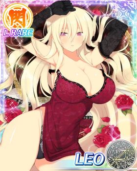 1girl aquarius_(symbol) aries_(symbol) black_gloves black_panties blonde_hair blush body_blush bracelet breasts cancer_(symbol) capricorn_(symbol) card_(medium) character_name cleavage dodecagram dress elbow_gloves floral_print_gloves flower flower_ornament gemini_(symbol) gloves hair_between_eyes jewelry lace lace-trimmed_dress lace-trimmed_panties lace_trim large_breasts leo_(senran_kagura) leo_(symbol) libra_(symbol) long_hair looking_at_viewer lying off_shoulder official_art on_back panties pearl_bracelet pisces_(symbol) purple_eyes red_dress red_flower red_rose rose sagittarius_(symbol) school_emblem scorpio_(symbol) senran_kagura senran_kagura_new_wave shiny_skin side_slit sideboob solo sparkle taurus_(symbol) underwear very_long_hair virgo_(symbol) zodiac_wheel