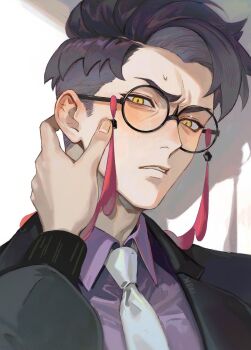 Rule 34 | 1boy, 1o8k, 1other, black-framed eyewear, black jacket, collared shirt, commentary, corbeau (pokemon), english commentary, eyewear strap, glasses, hand on another's face, highres, jacket, male focus, necktie, nintendo, parted hair, parted lips, pokemon, pokemon legends: z-a, portrait, purple shirt, round eyewear, shirt, short hair, short sideburns, solo, suit jacket, teeth, undercut, white necktie