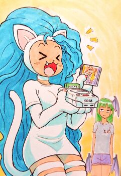 &gt;_&lt; 2girls animal_ears animal_hands bat_wings black_eyes blue_shorts breasts casual cat_ears cat_girl cat_tail censored censored_identity character_name claws closed_eyes clothes_writing commentary darkstalkers donovan_baine dress fang felicia_(darkstalkers) game_console grey_shirt happy head_wings heika_(heikahp) holding jitome long_hair looking_at_viewer low_wings medium_breasts meta morrigan_aensland multiple_girls notice_lines open_mouth orange_background sega_saturn shirt short_dress short_shorts shorts smile standing tail traditional_media translated very_long_hair video_game white_dress wings