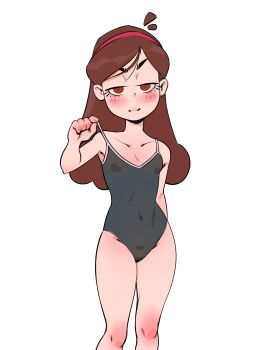 1girl arm_behind_back blue_one-piece_swimsuit blush breasts brown_eyes brown_hair gravity_falls groin hairband highres loli long_hair mabel_pines nanda naughty_face one-piece_swimsuit pulling_own_clothes school_swimsuit small_breasts smile solo swimsuit thighs