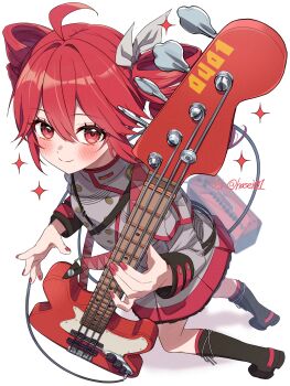 Rule 34 | 1girl, absurdres, adversarial noise, ahoge, amplifier, bass guitar, black boots, blush, boots, buttons, closed mouth, commentary, dated, double-breasted, drill hair, fender jazz bass, full body, grey jacket, grey skirt, hair between eyes, hair ribbon, hasei (hasei01), highres, holding, holding bass guitar, holding instrument, instrument, jacket, kasane teto, kasane teto (sv), long sleeves, looking at viewer, nail polish, red eyes, red hair, red nails, red trim, ribbon, short hair, simple background, skirt, smile, solo, standing, synthesizer v, twin drills, twitter username, utau, white background, white ribbon